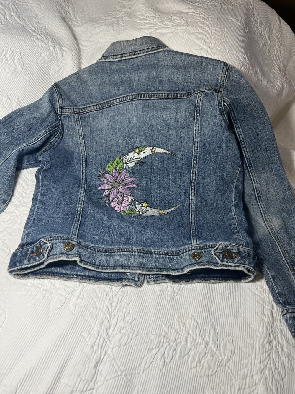 Custom Embroidered Denim Jacket Upcycled Boho Floral Moon Zara Basic Denim Small